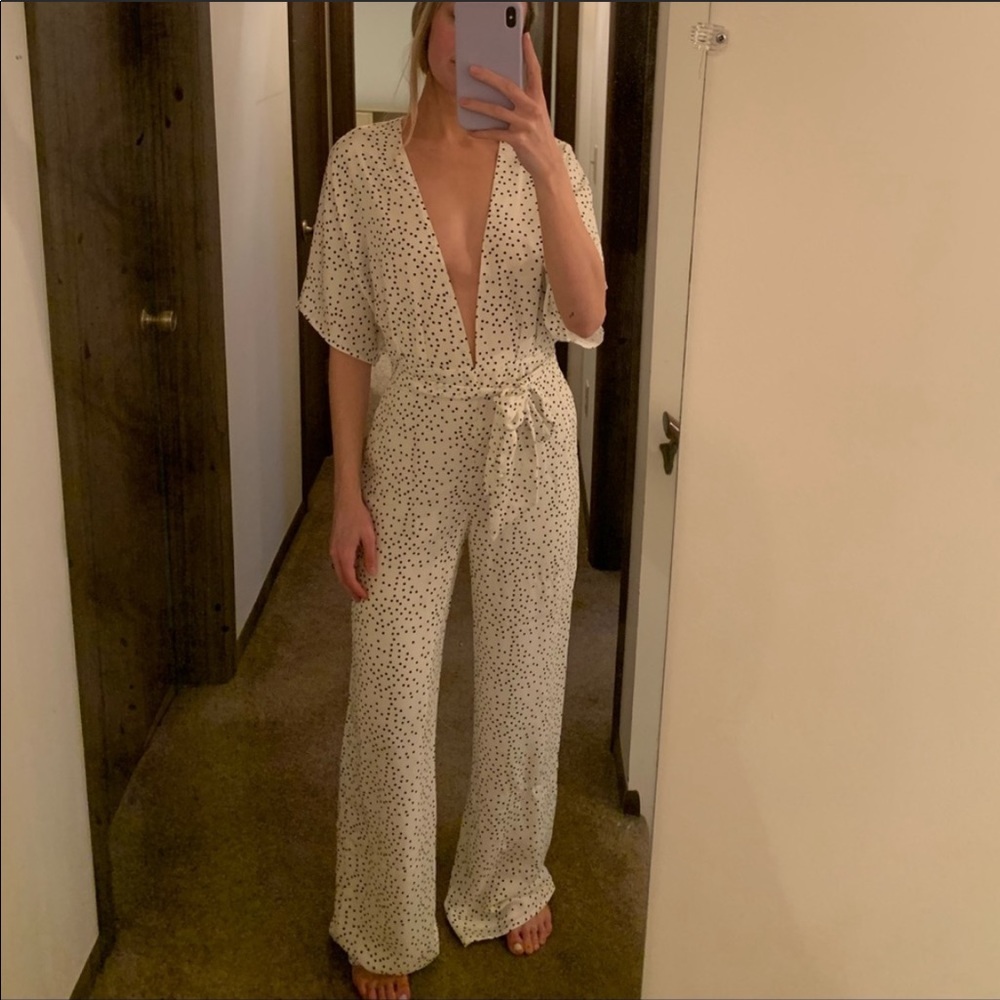 Lovers + Friends White Polka Dot V-Neck Jumpsuit - Picture 9 of 9